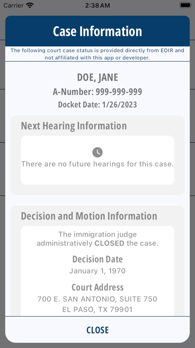 Immigration court case information in the app