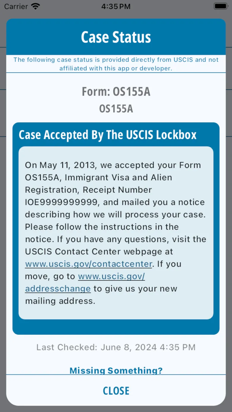 USCIS case status in the app